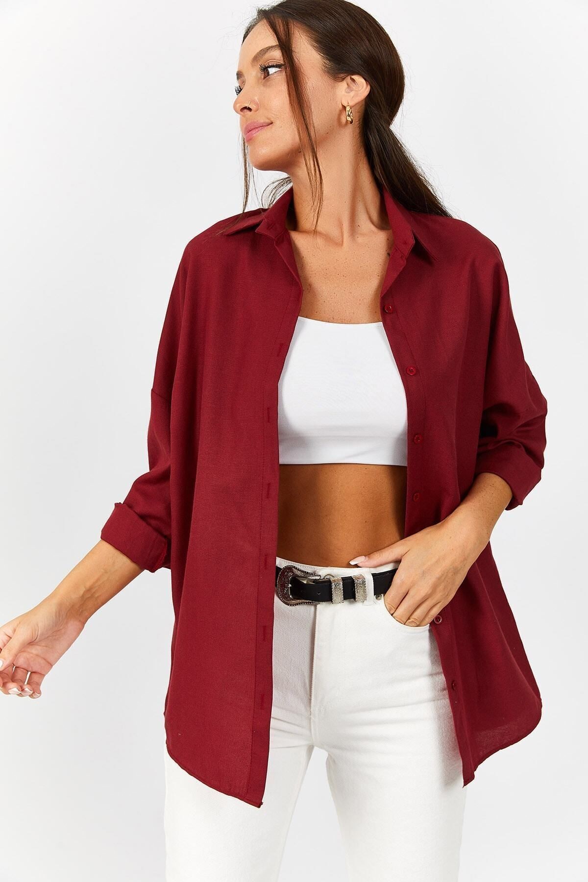 Kadın Bordo Oversize Uzun Basic Gömlek ARM-22Y001118