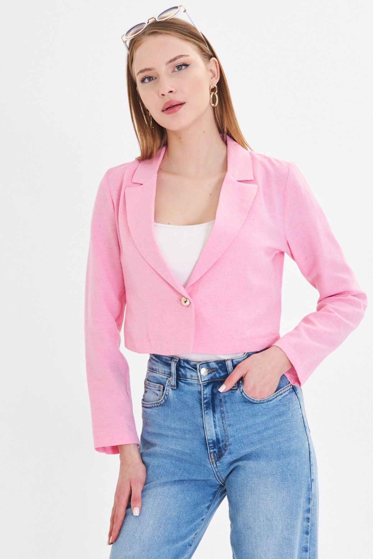 Kadın Pembe Tek Düğmeli Crop Ceket Arm-23y001064