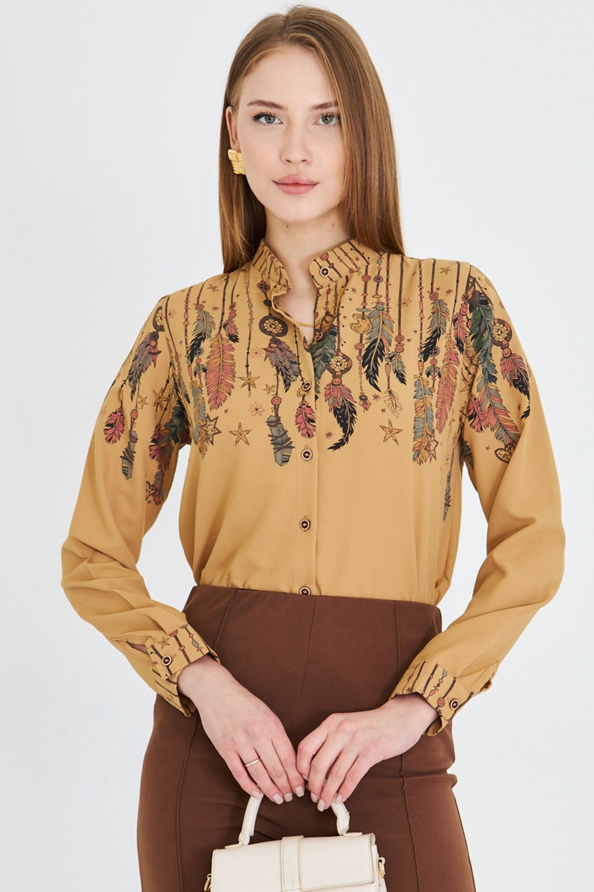 Kadın Camel Hakim Yaka Desenli Gömlek ARM-25Y001013