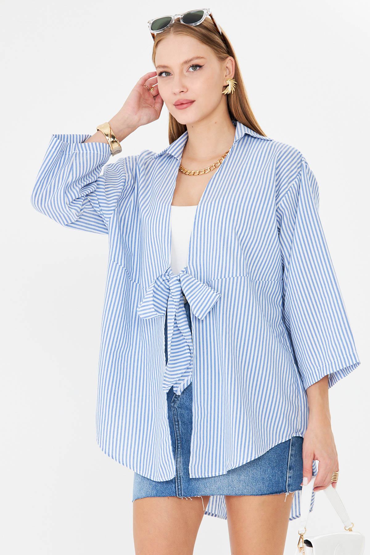 Kadın Mavi Çizgili Önden Bağlamalı Kimono Gömlek ARM-25Y001085