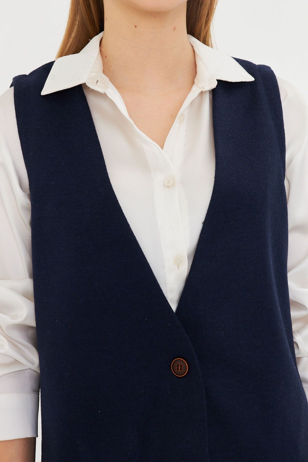 Kadın Lacivert V Yaka Tek Düğmeli Oversize Desenli Yelek ARM-25K001110