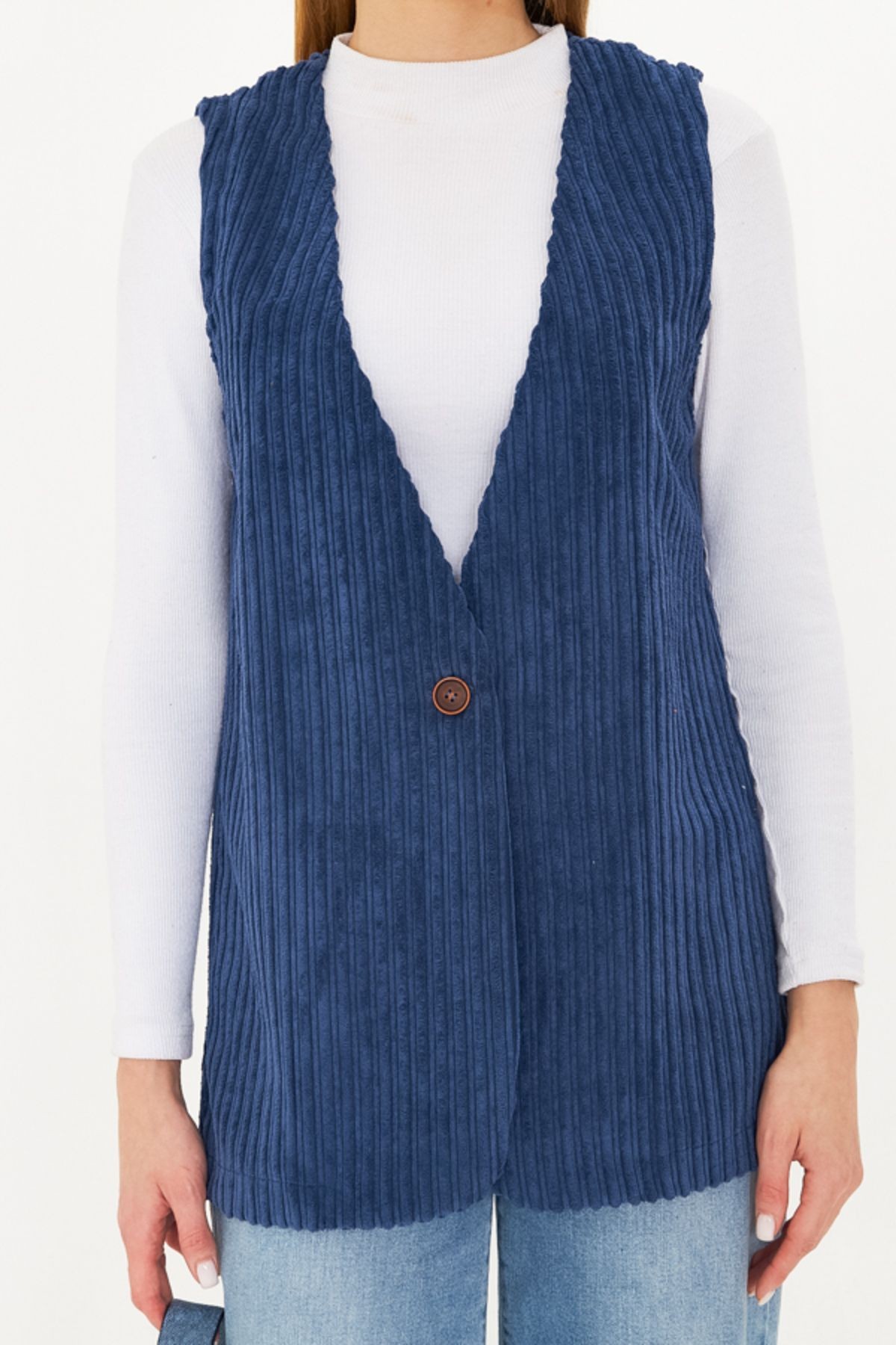 Kadın Koyu Mavi V Yaka Tek Düğmeli Oversize Kalın Fitilli Kadife Yelek ARM-25K001016