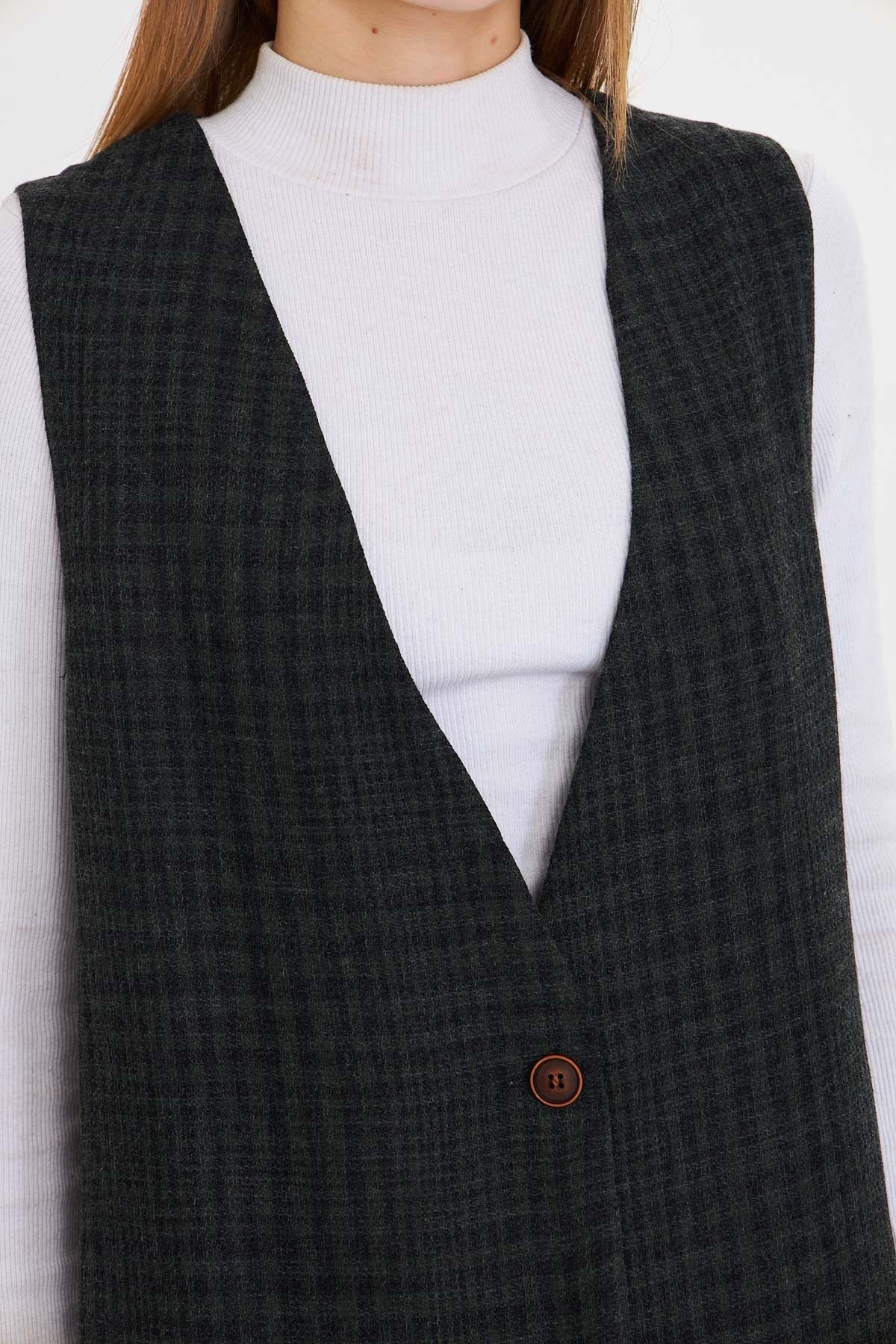 Kadın Haki V Yaka Tek Düğmeli Oversize Desenli Yelek ARM-25K001110