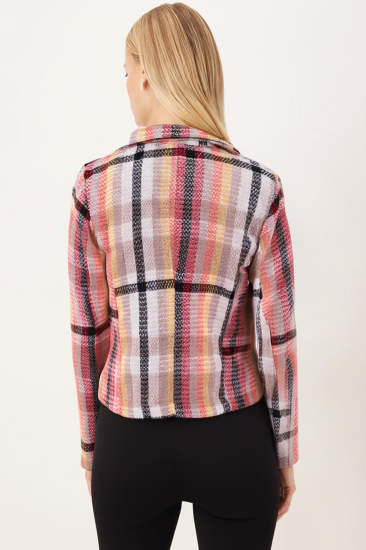 Kadın Kırmızı-Bej Kruvaze Yaka Tüvit Crop Ceket ARM-24K001014