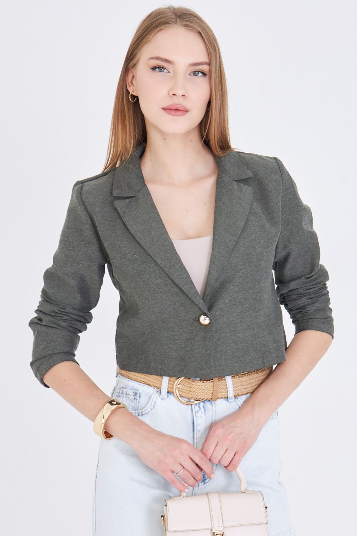 Kadın Haki Tek Düğmeli Crop Ceket ARM-23Y001064