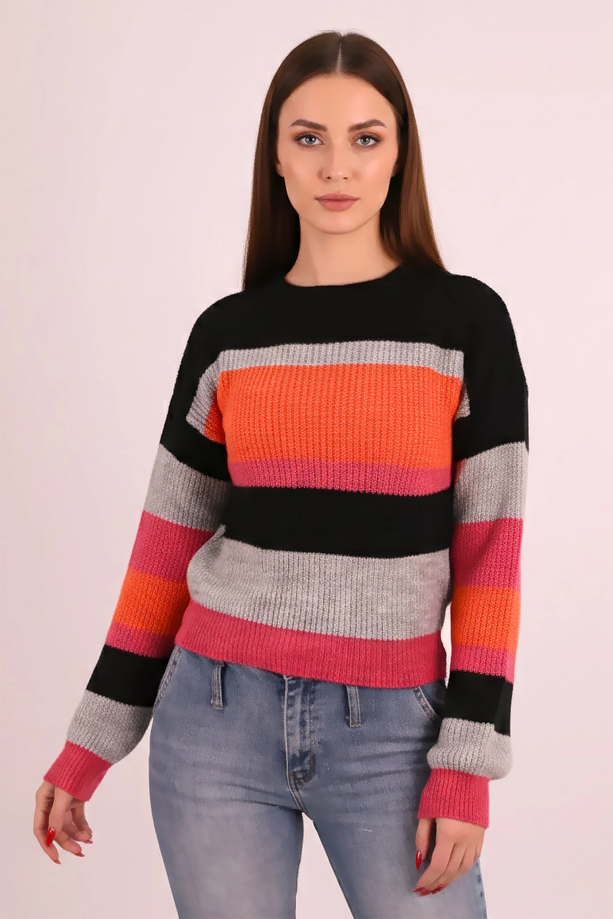 Kadın Fuşya Bisiklet Yaka Renkli Triko Kazak ARM-26K136057