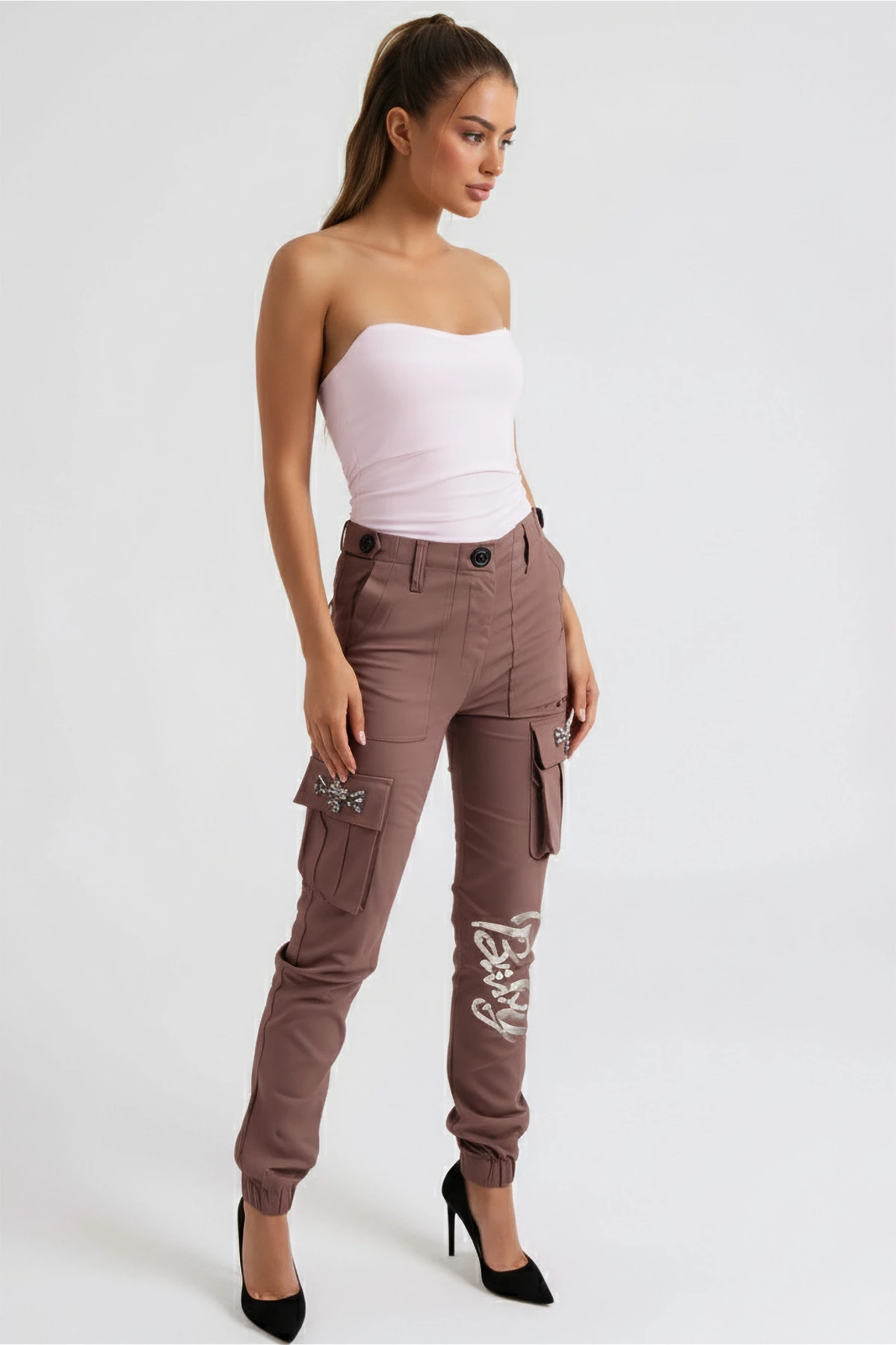 Kadın Vizon Cepleri Taş Detaylı Kargo Cep Pantolon ARM-26K136020