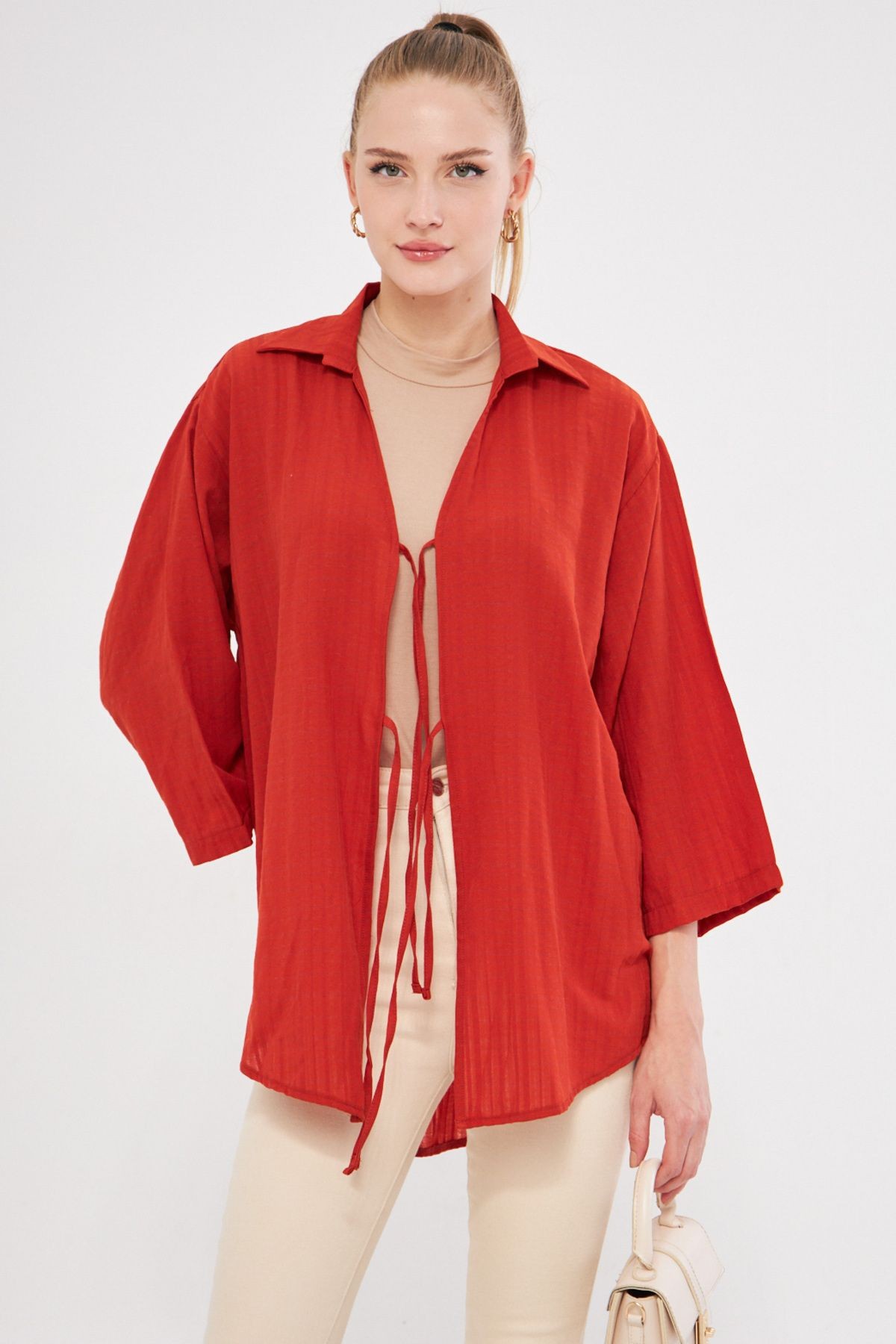 Kadın Kiremit Gömlek Yakalı Önden Bağcıklı Kimono Gömlek ARM-25K001006