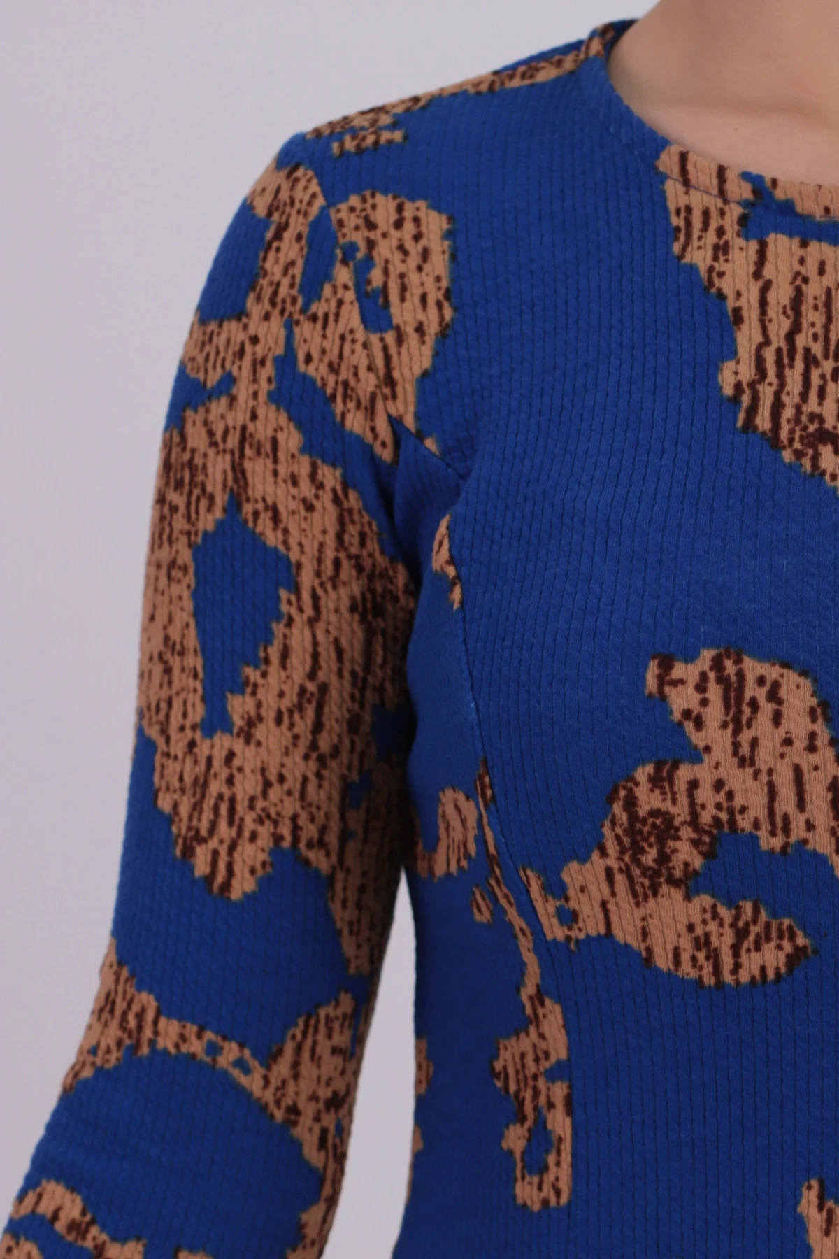 Kadın Mavi-Bej Sıfır Yaka Uzun Kollu Elbise ARM-26K001029