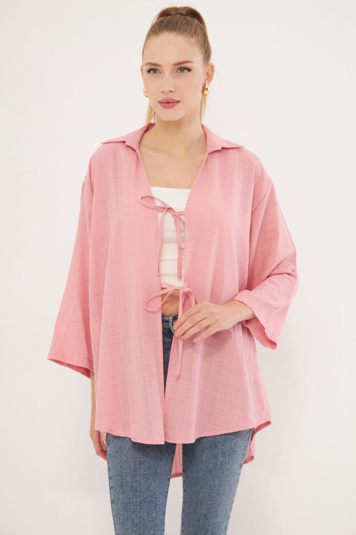 Kadın Pudra Gömlek Yakalı Önden Bağcıklı Kimono Gömlek ARM-25K001006