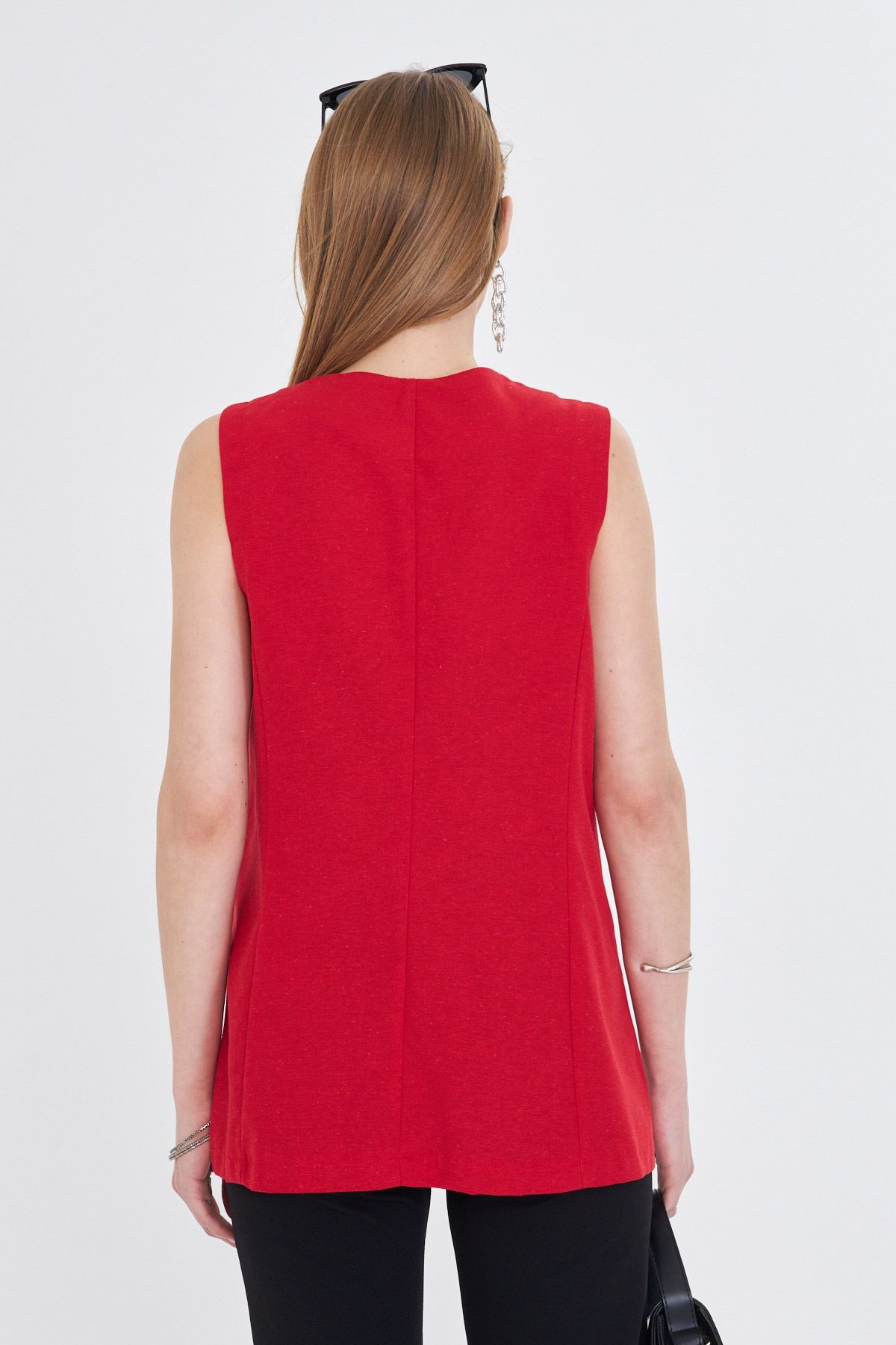 Kadın Kırmızı V Yaka Tek Düğme Oversize Yelek ARM-25Y001036