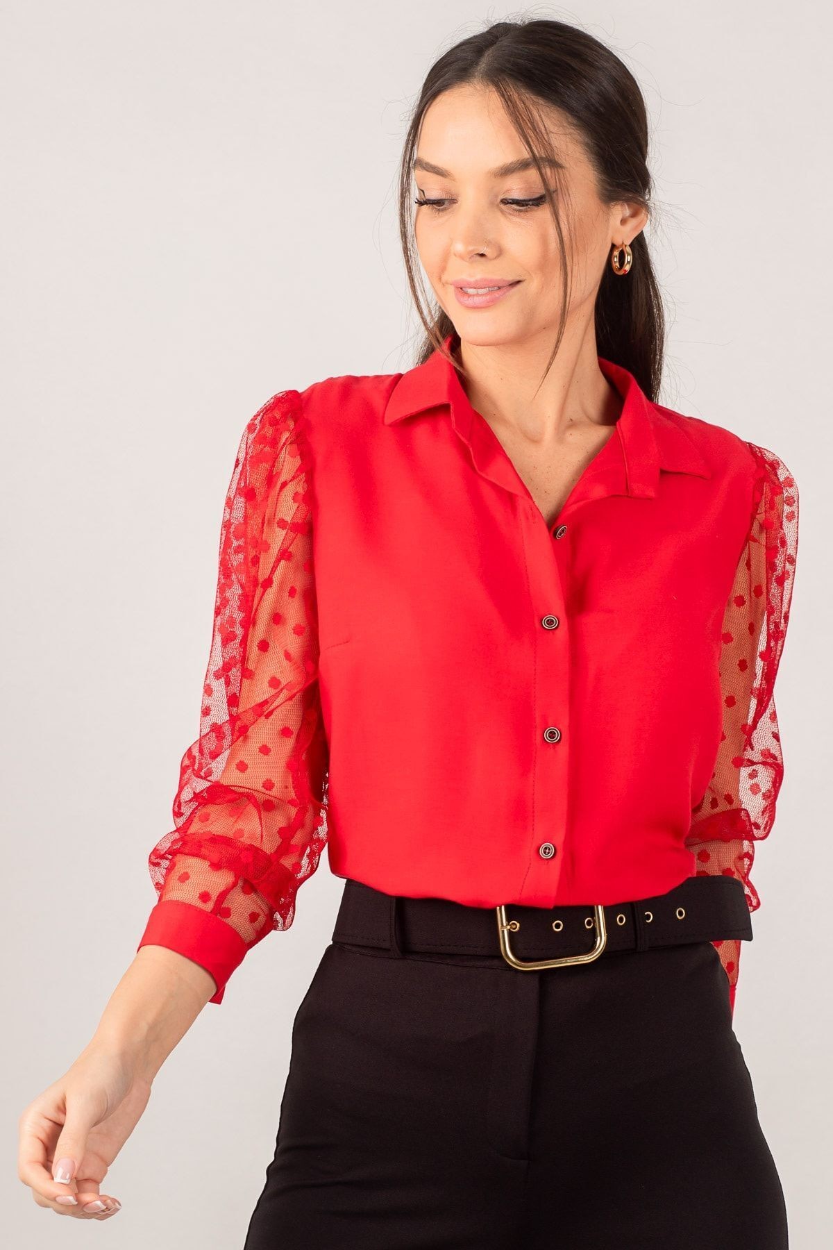 Kadın Kırmızı Kolları Tül Gömlek Arm-20K001068