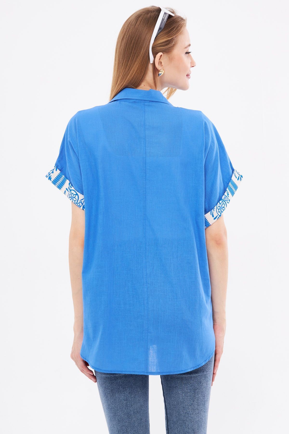 Kadın Mavi Oversize Duble Kol Detaylı Gömlek ARM-24Y001075