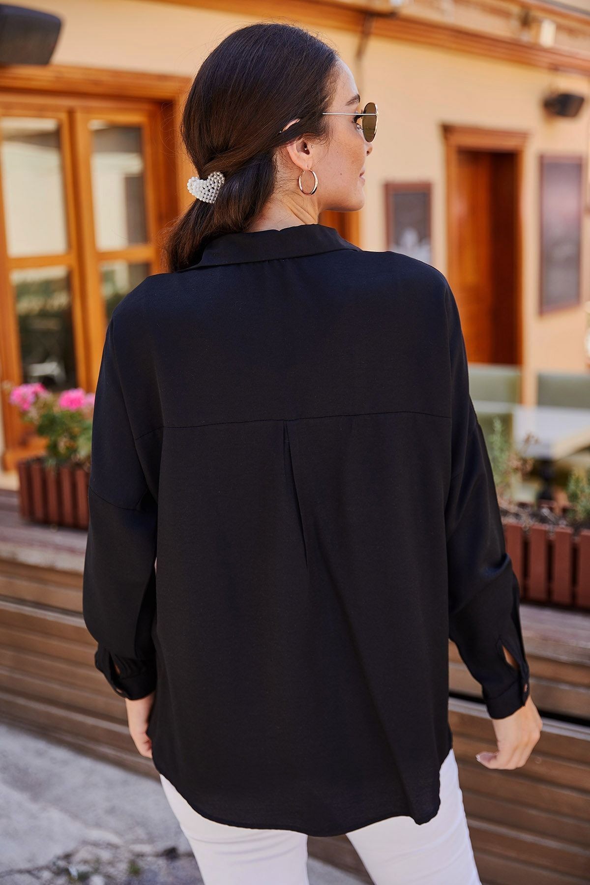 Kadın Siyah Oversize Uzun Basic Gömlek