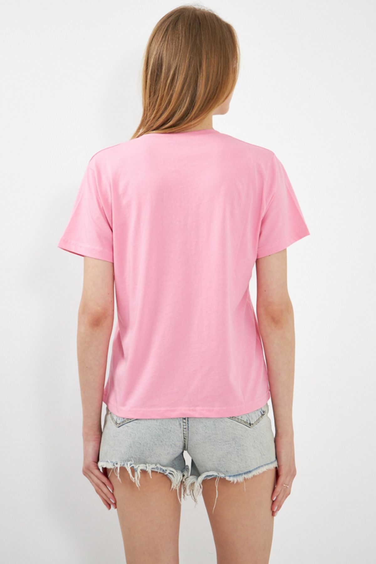 Kadın Pembe V Yaka T-Shirt ARM-23Y024002