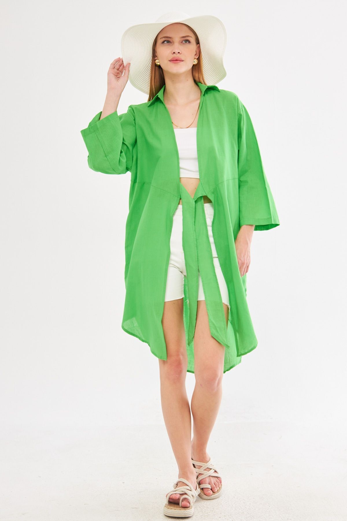 Kadın Yeşil Önden Bağlamalı İnce Keten Kumaş Midi Boy Kimono Gömlek ARM-24Y001081