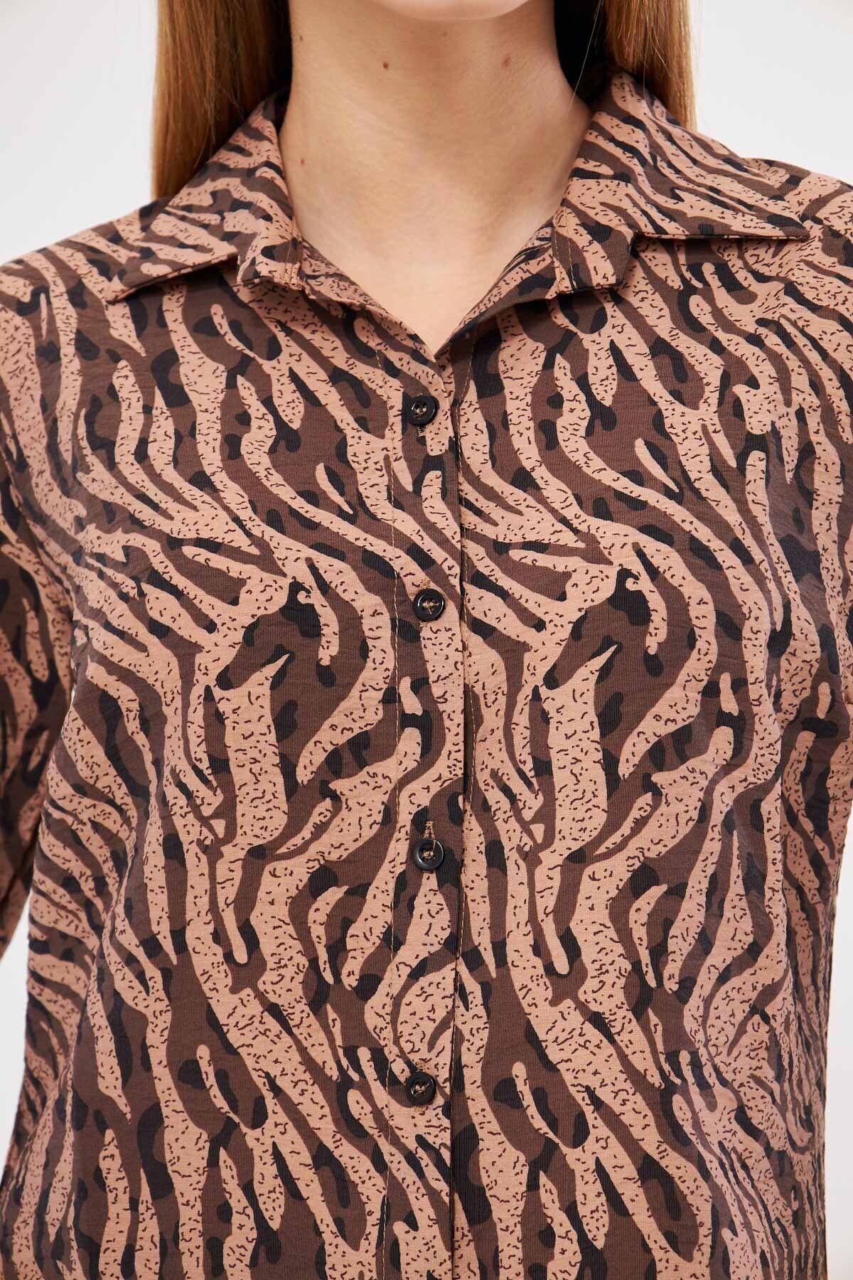 Kadın Vizon-Bej Desenli Uzun Kol Gömlek ARM-25K001040