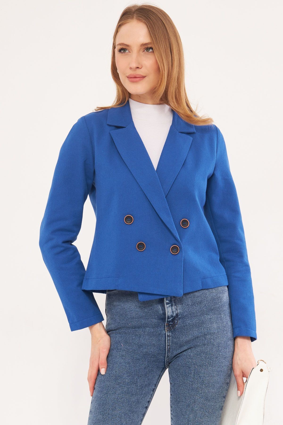 Kadın Saks Kruvaze Yaka Gabardin Crop Ceket ARM-24Y001010