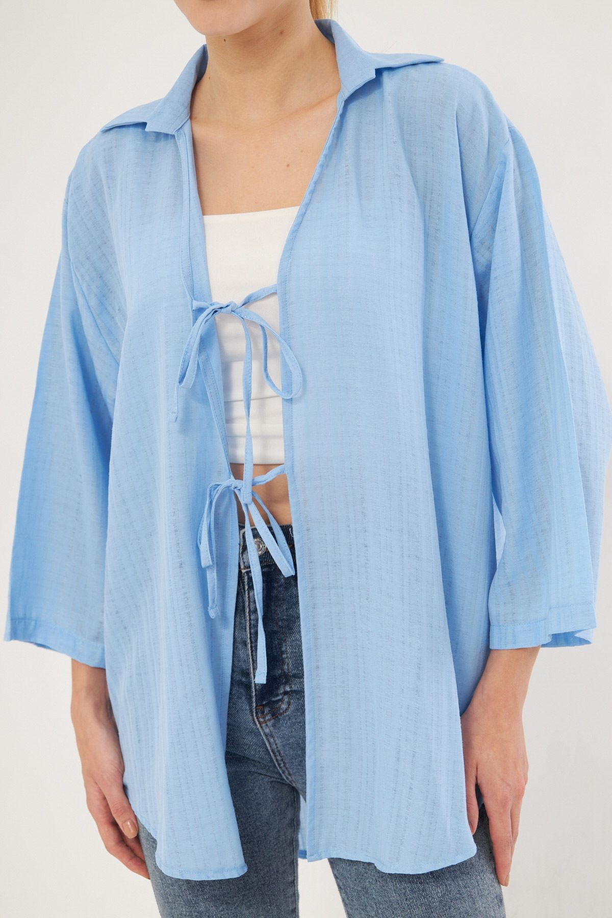 Kadın Bebe Mavi Gömlek Yakalı Önden Bağcıklı Kimono Gömlek ARM-25K001006