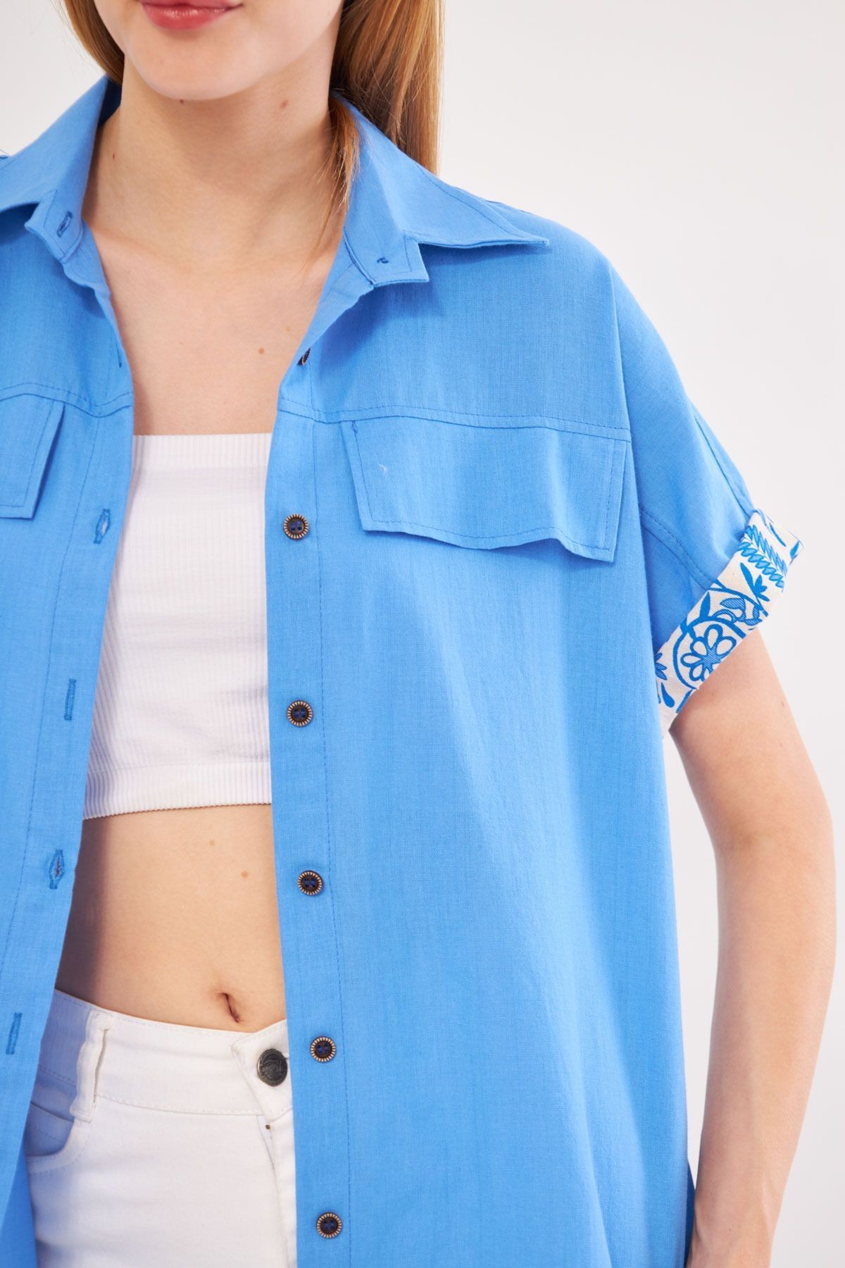 Kadın Bebe Mavi Oversize Duble Kol Detaylı Gömlek ARM-24Y001075