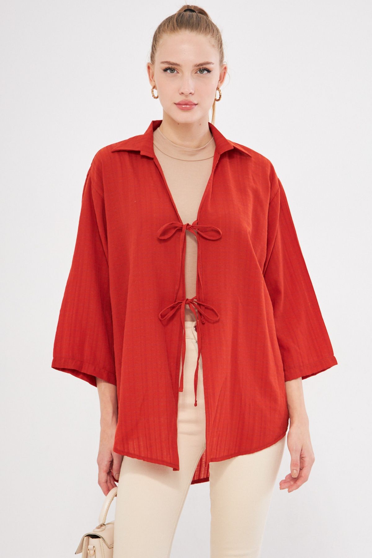 Kadın Kiremit Gömlek Yakalı Önden Bağcıklı Kimono Gömlek ARM-25K001006