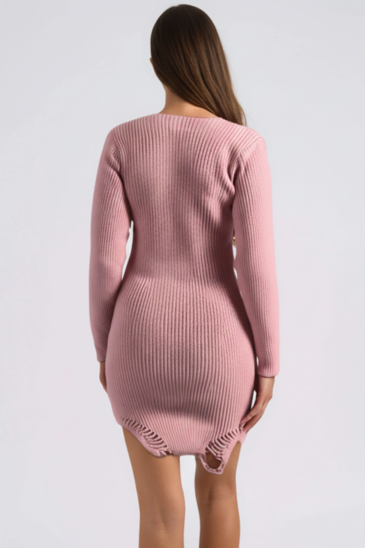 Kadın Pudra V Yaka Etek Ucu Yırtıklı Triko Elbise ARM-26K136008