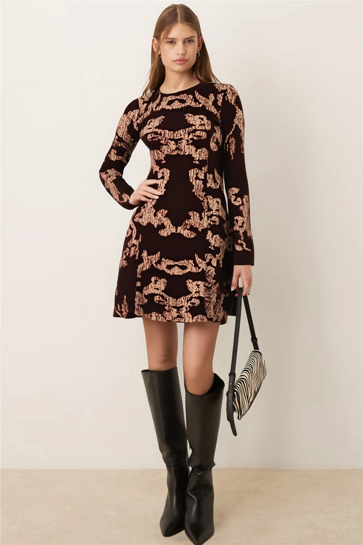 Kadın Kahve-Bej Sıfır Yaka Uzun Kollu Elbise ARM-26K001029