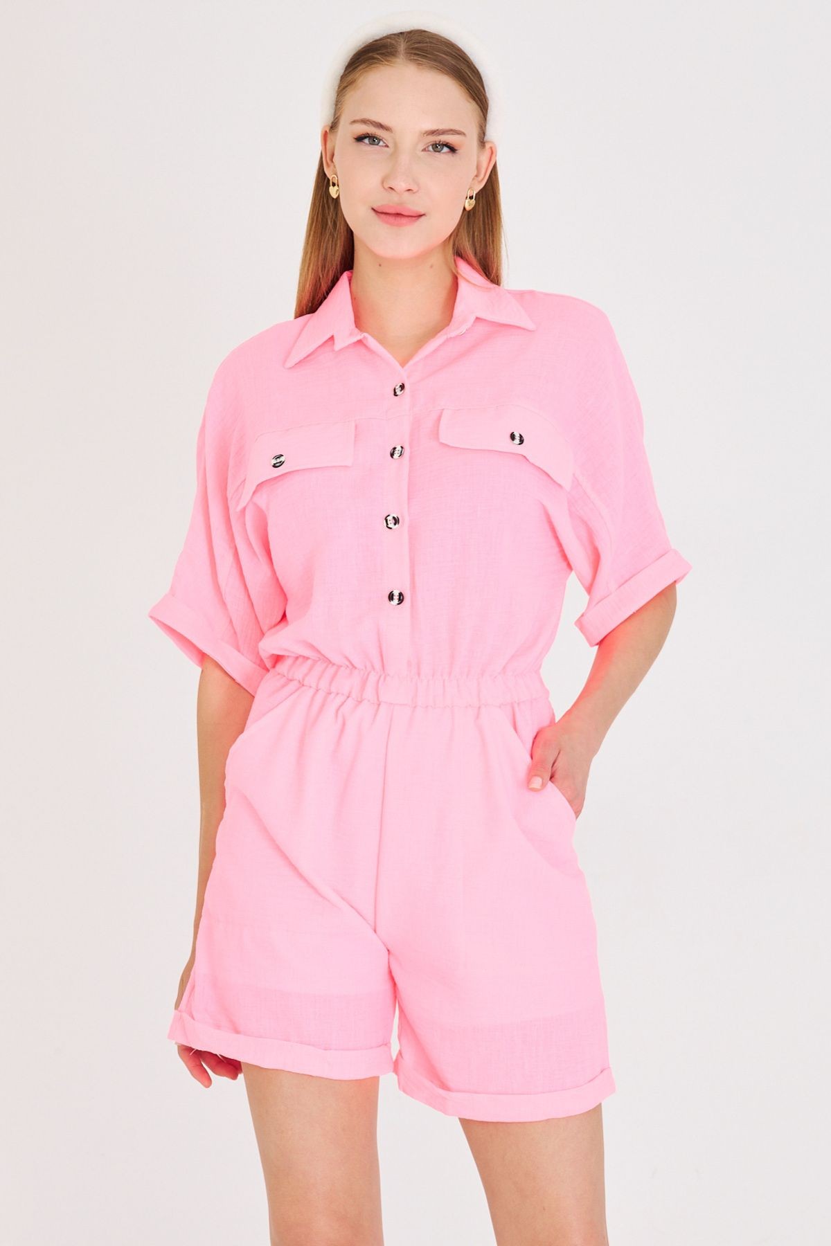 Kadın Neon Pembe Yarasa Kol Cepli Beli Lastikli Şortlu Tulum ARM-23Y001075