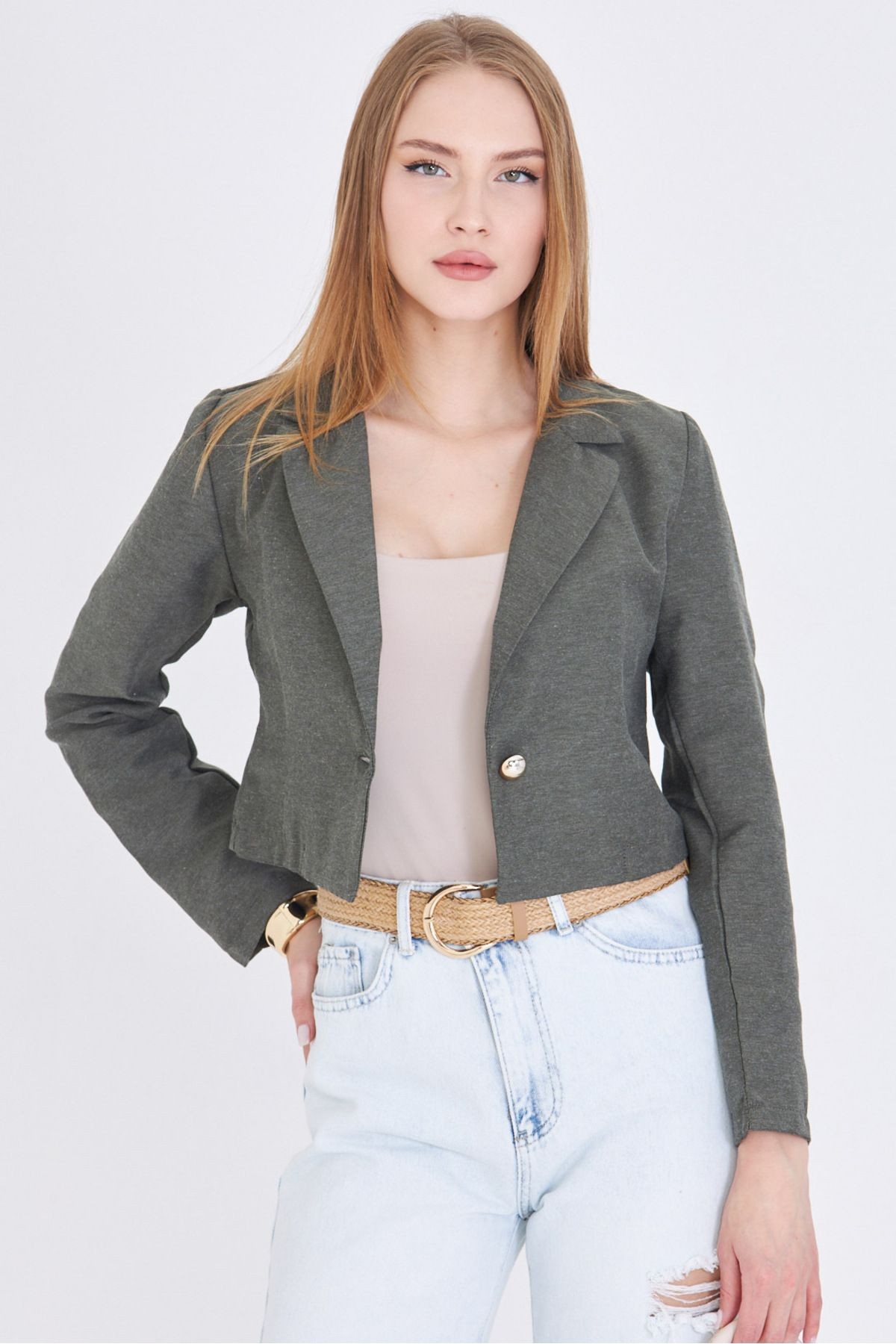 Kadın Haki Tek Düğmeli Crop Ceket ARM-23Y001064