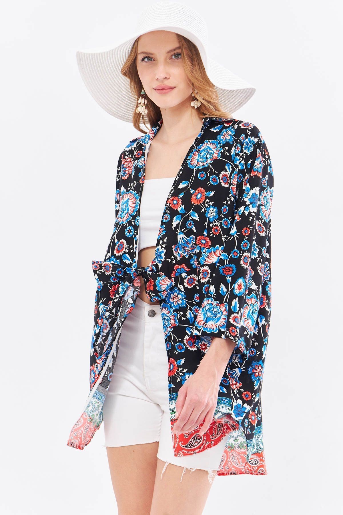Kadın Açık Mavi Desenli Önden Bağlamalı Kimono Gömlek ARM-24Y001080