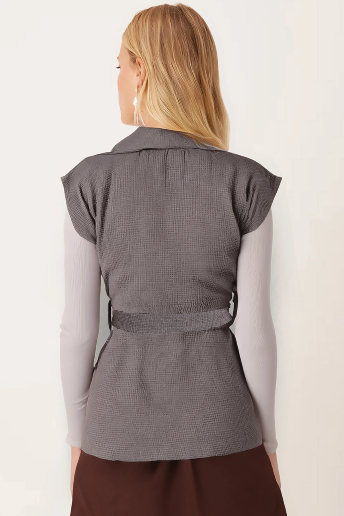 Kadın Vizon Erkek Yaka Beli Kuşaklı Keten Görünümlü Yelek ARM-26K001055