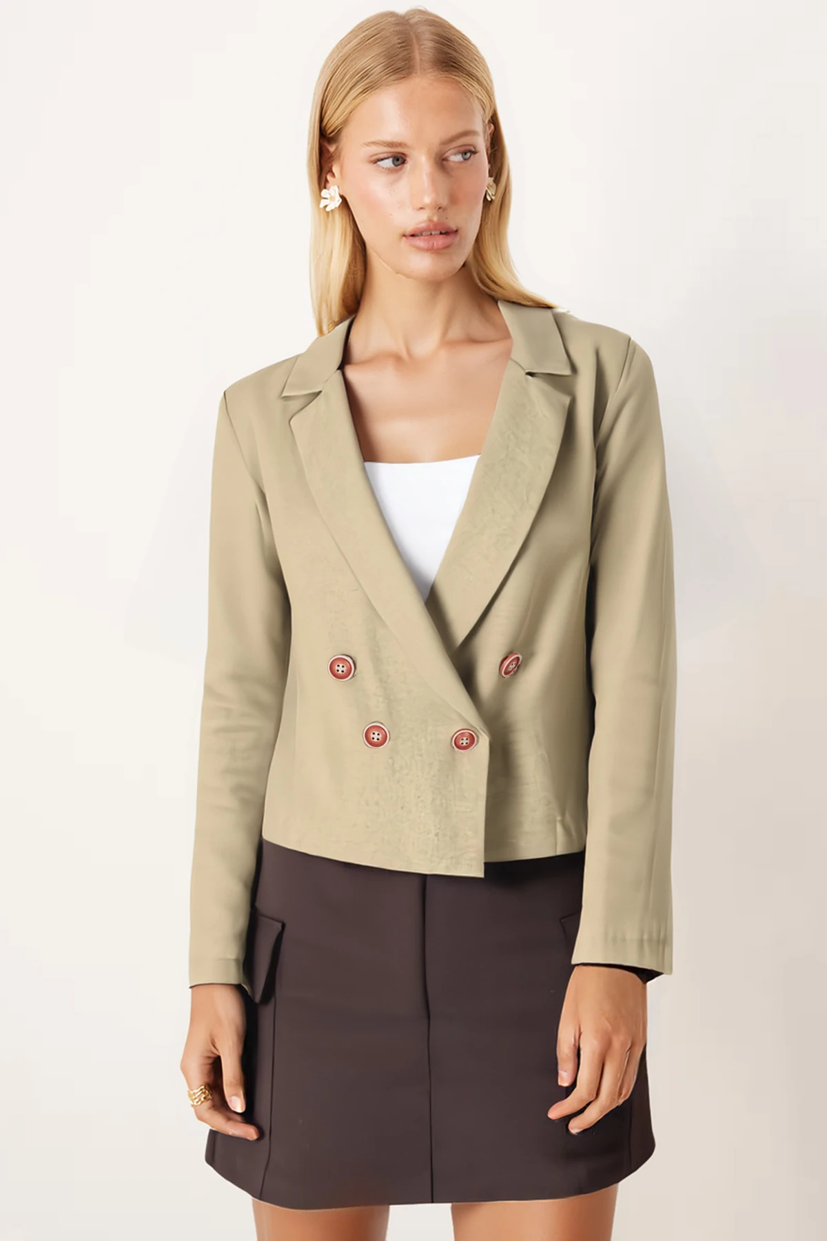 Kadın Yağ Yeşili Kruvaze Yaka Gabardin Crop Ceket ARM-24Y001010