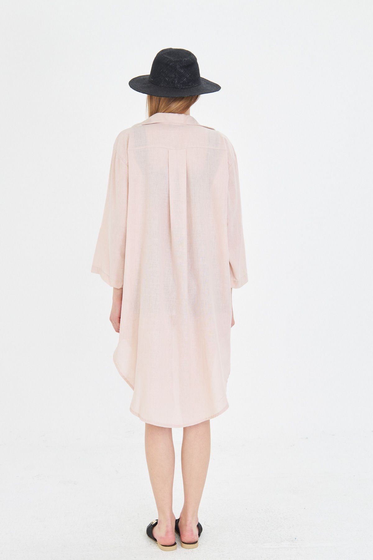 Kadın Bej Önden Bağlamalı İnce Keten Kumaş Midi Boy Kimono Gömlek ARM-24Y001081
