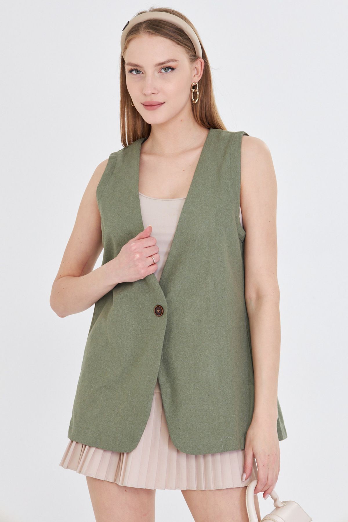Kadın Haki V Yaka Tek Düğme Oversize Yelek ARM-25Y001036