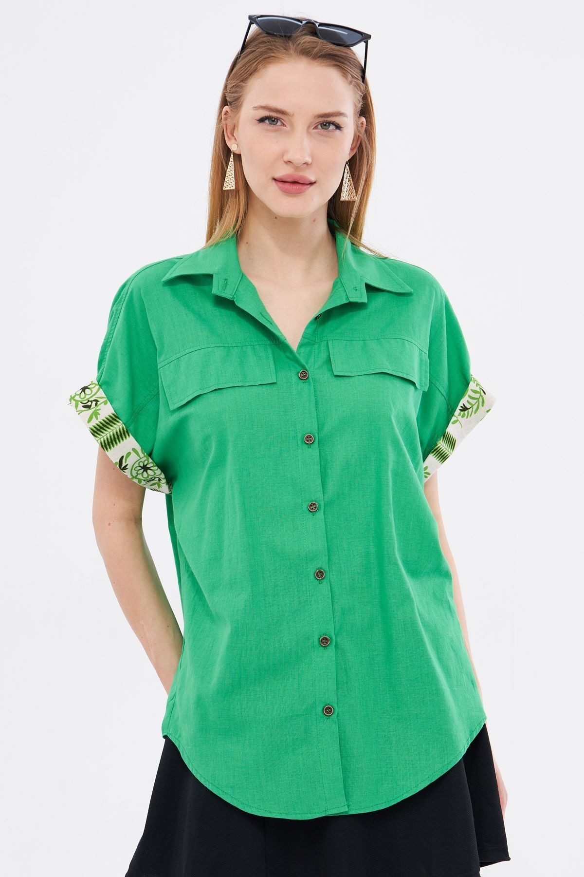 Kadın Yeşil Oversize Duble Kol Detaylı Gömlek ARM-24Y001075