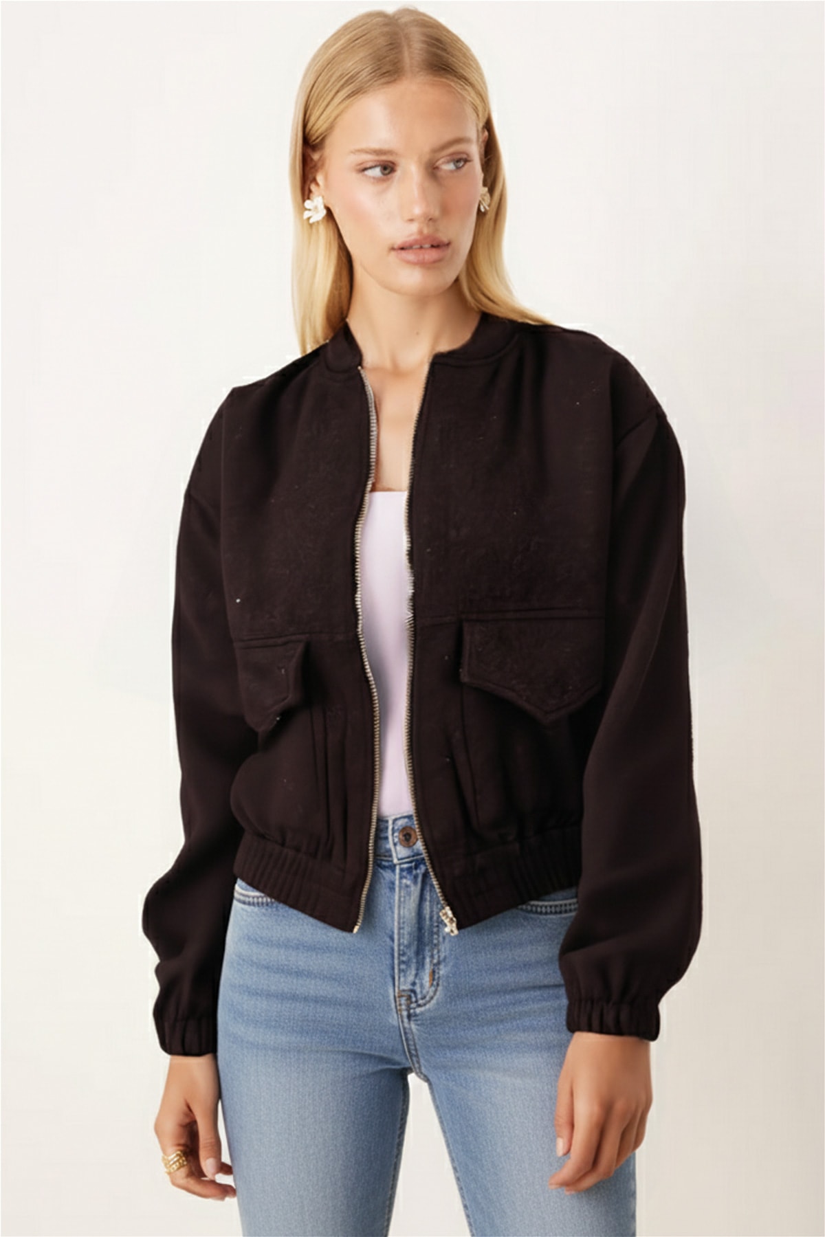 Kadın Kahve Cepli Kolları Ve Beli Lastikli Bomber Kaşe Mont ARM-26K001027