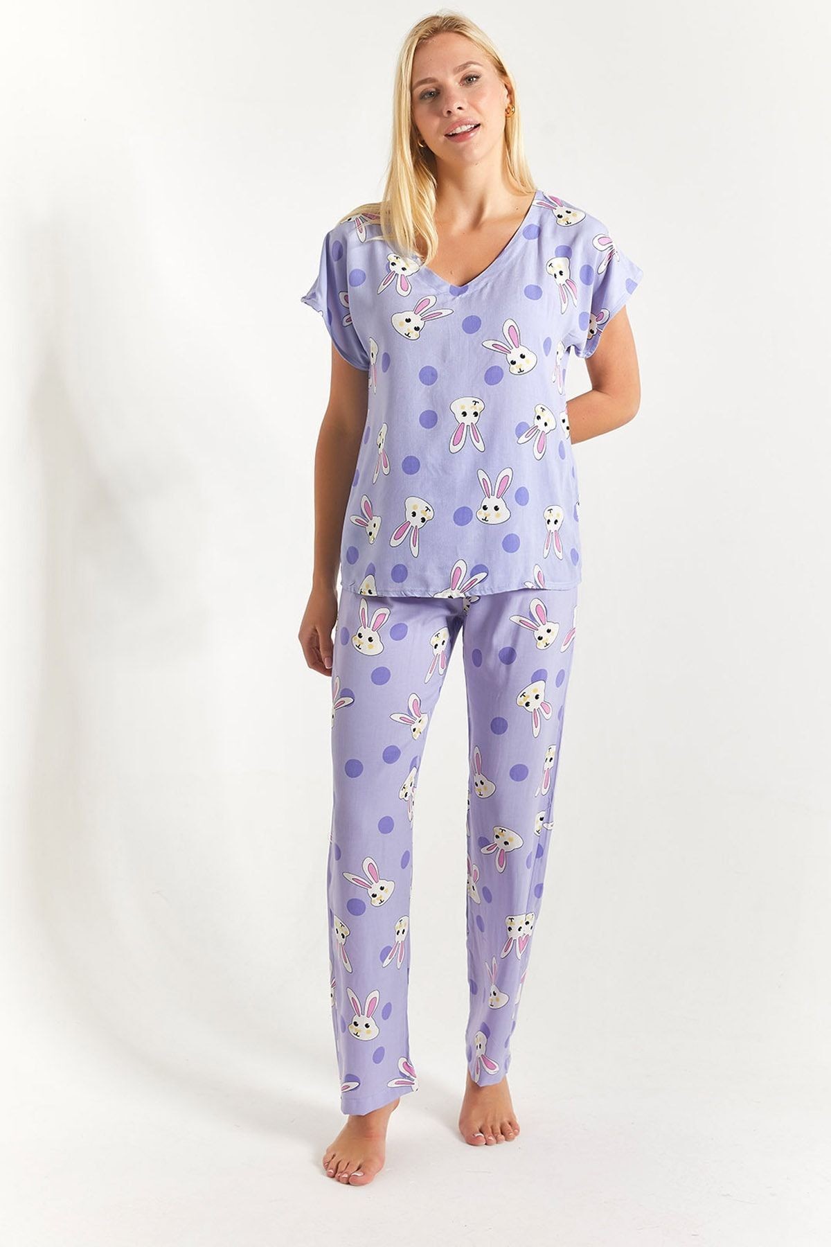 Kadın Lila Tavşan Desenli Alt-üst Pijama Takımı Arm-23y001060