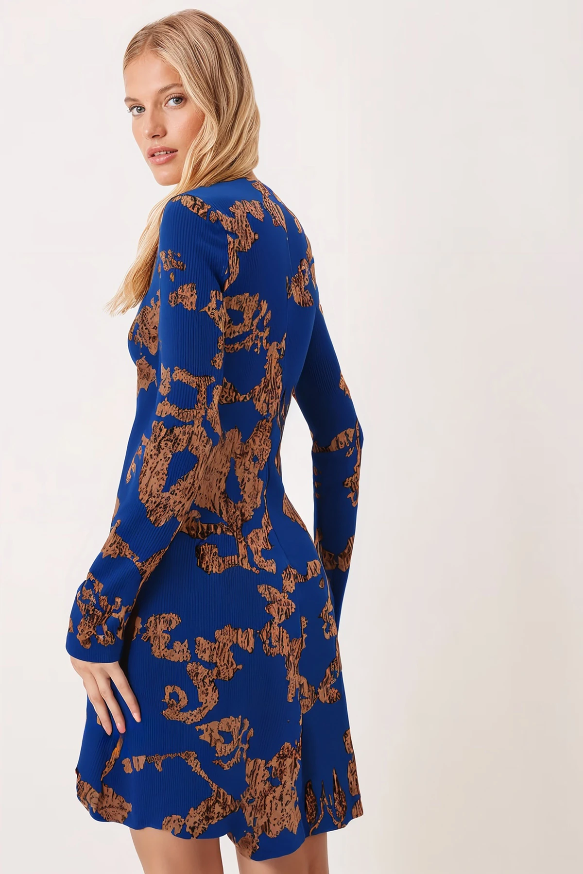 Kadın Mavi-Bej Sıfır Yaka Uzun Kollu Elbise ARM-26K001029