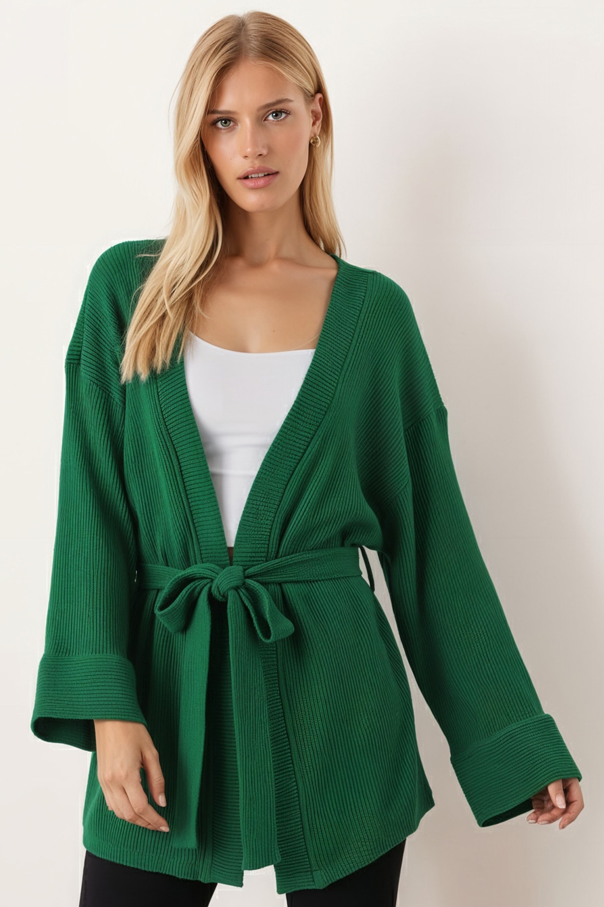 Kadın Yeşil Kemerli Triko Kimono ARM-26K001011