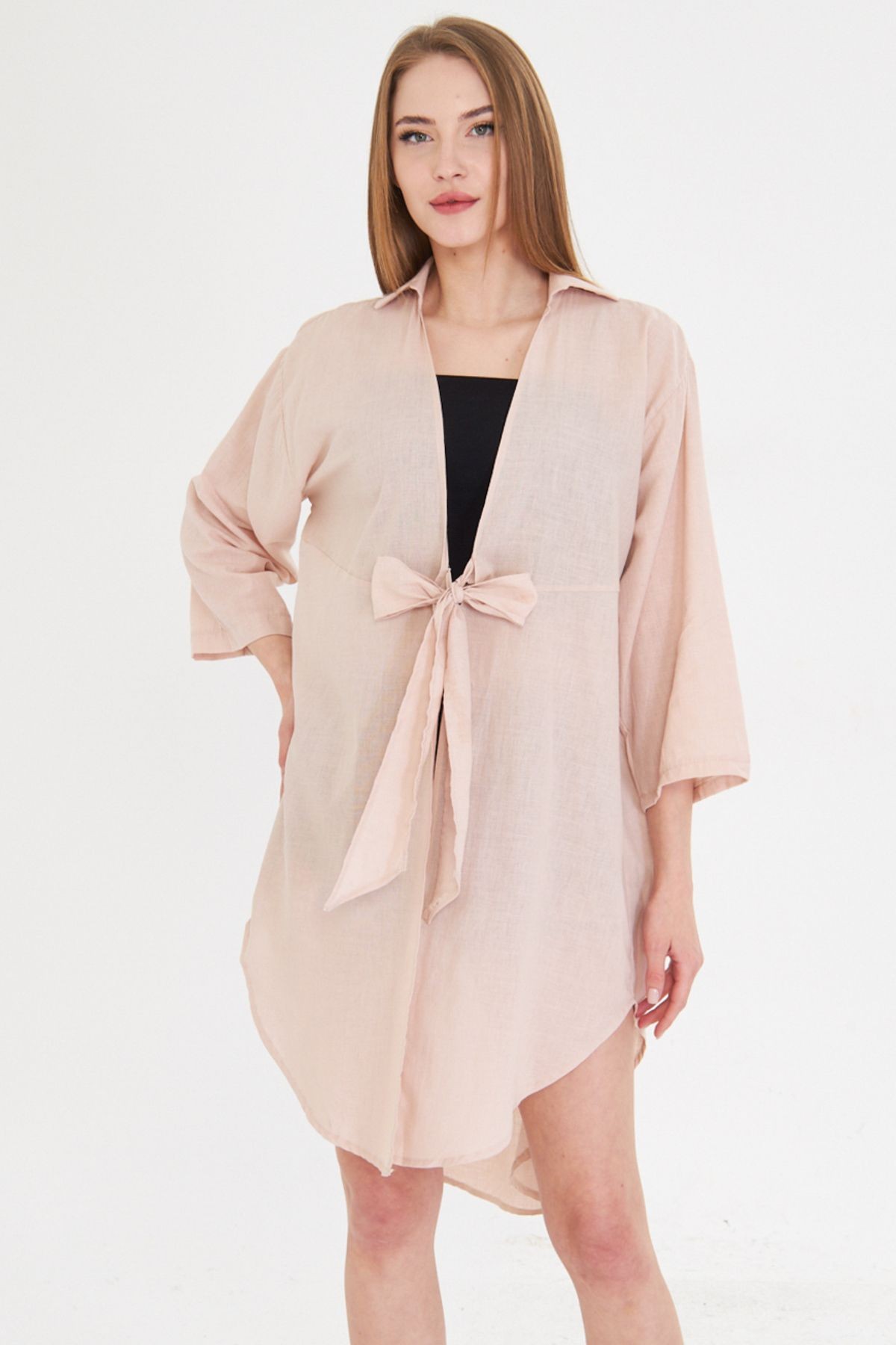 Kadın Pudra Önden Bağlamalı İnce Keten Kumaş Midi Boy Kimono Gömlek ARM-24Y001081