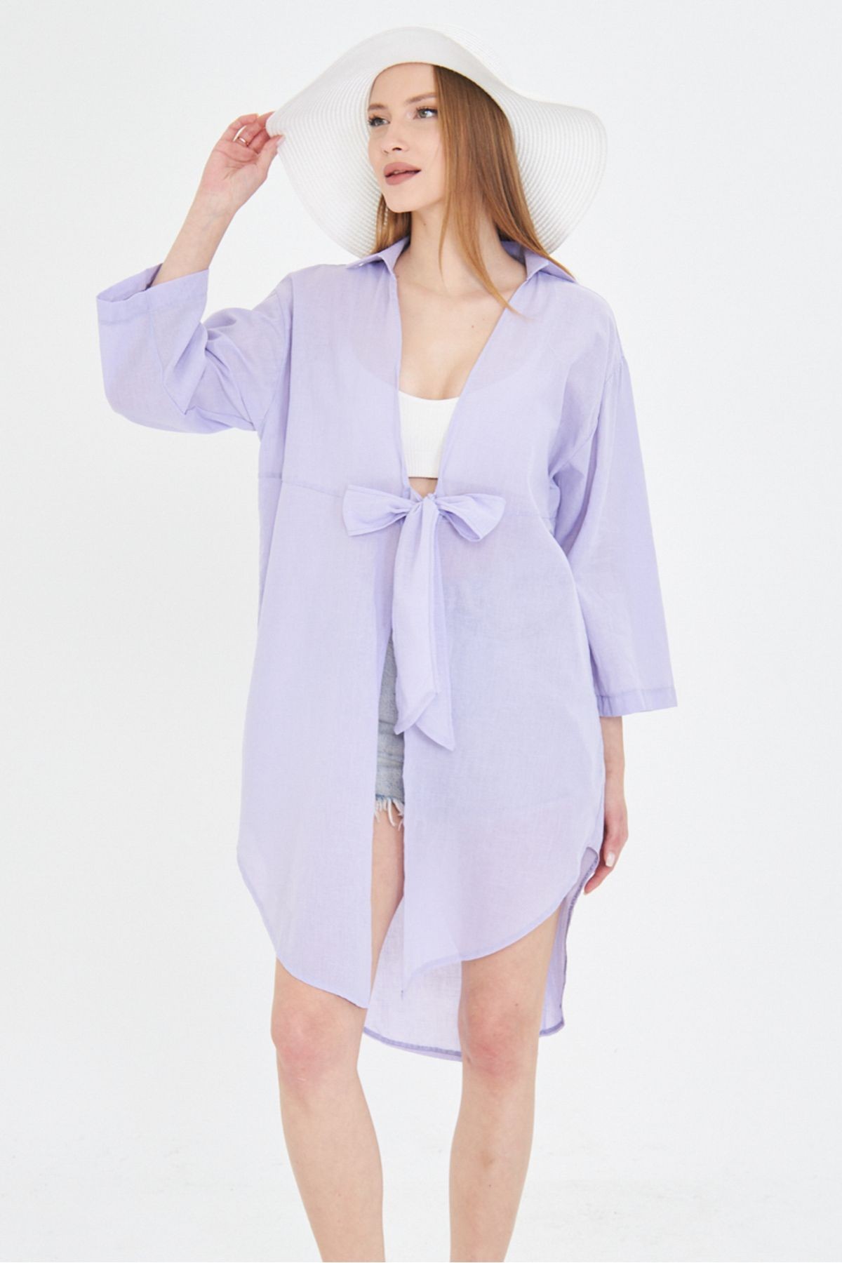 Kadın Lila Önden Bağlamalı İnce Keten Kumaş Midi Boy Kimono Gömlek ARM-24Y001081