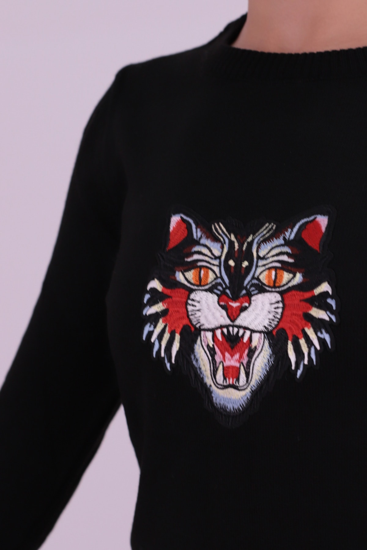 Kadın Siyah Bisiklet Yaka Aplikeli Kazak ARM-26K136002