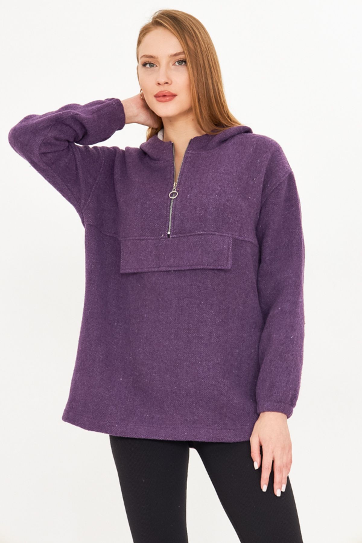 Kadın Mor Kapüşonlu Cep Kapaklı Kaşe Sweatshirt ARM-25K001097