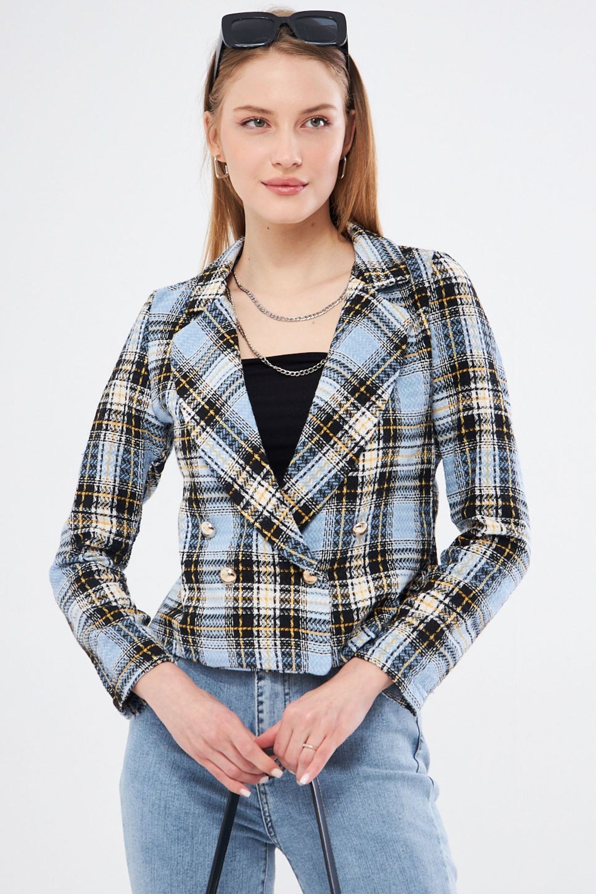 Kadın Bebe Mavi Kruvaze Yaka Tüvit Crop Ceket ARM-24K001014