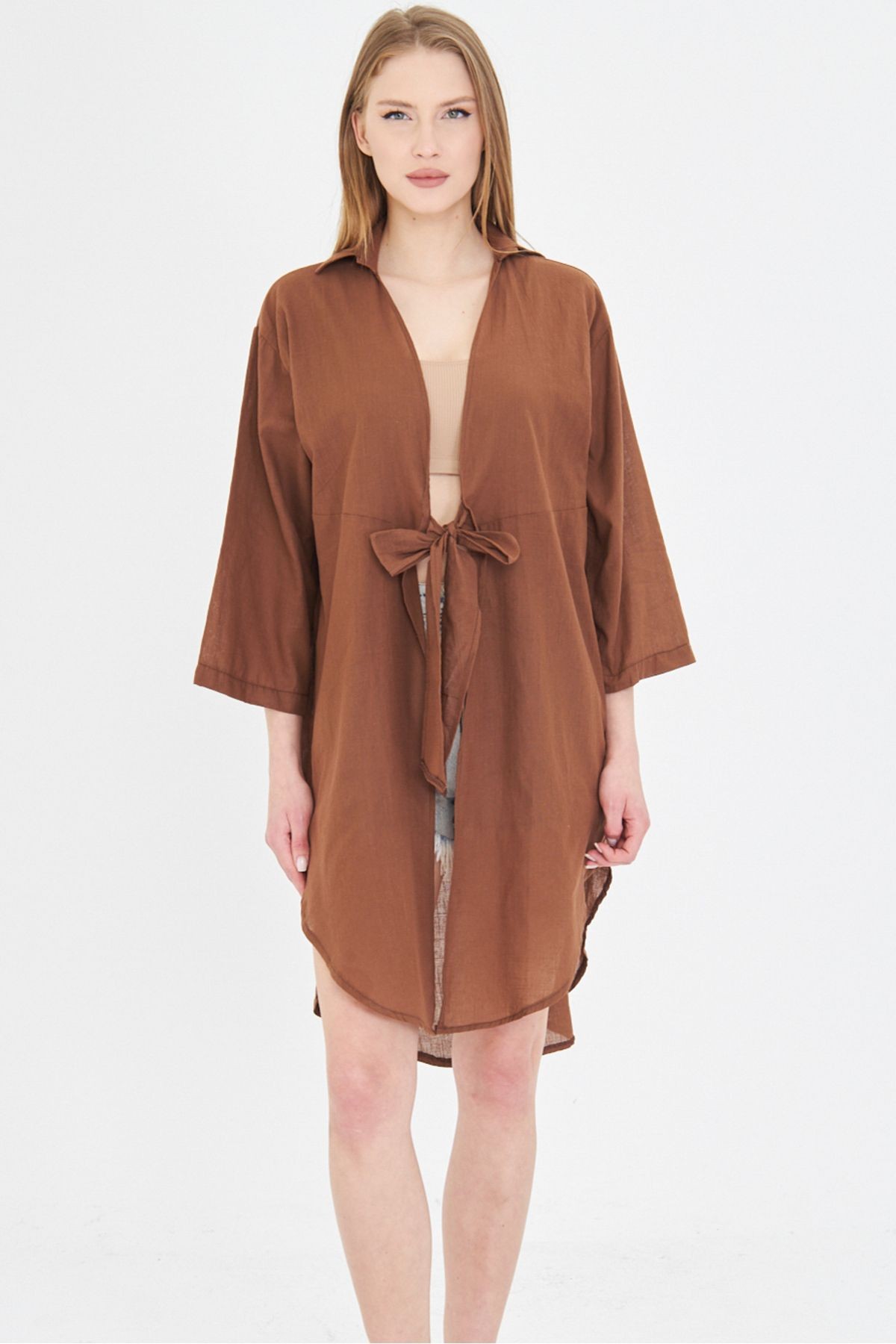 Kadın Kahve Önden Bağlamalı İnce Keten Kumaş Midi Boy Kimono Gömlek ARM-