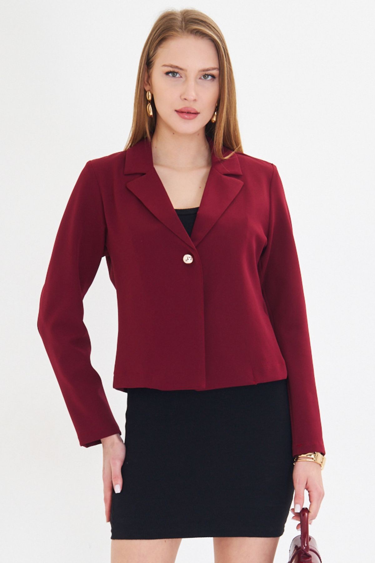 Kadın Bordo Tek Düğmeli Crop Ceket Arm-22y001237
