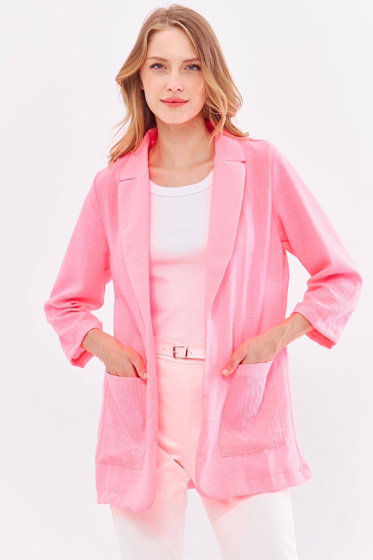 Kadın Neon Pembe Keten Görünümlü Cepli Oversize Ceket ARM-24Y001065
