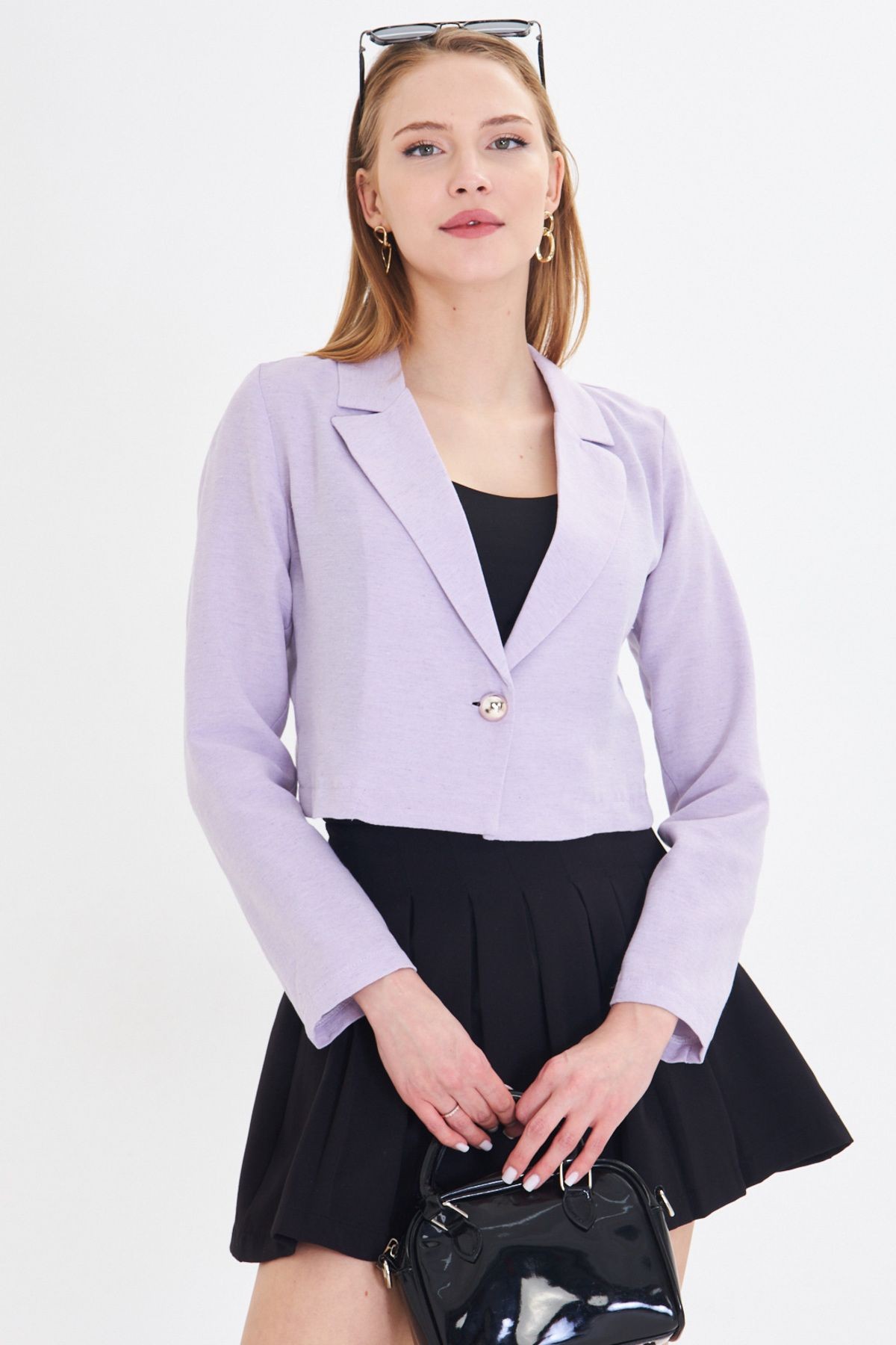 Kadın Lila Tek Düğmeli Crop Ceket Arm-23y001064