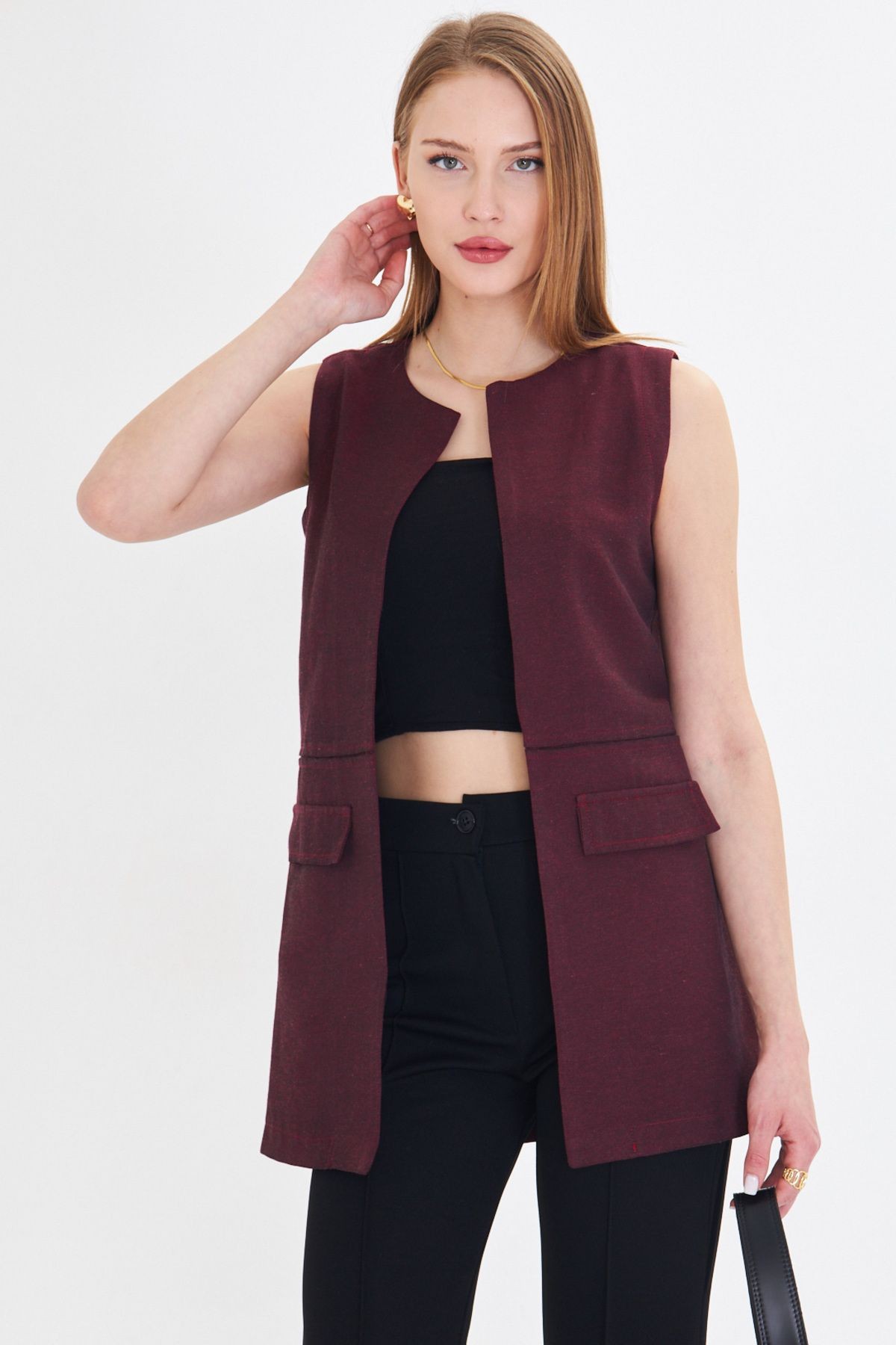 Kadın Bordo Sıfır Yaka Belinde Dikiş Detaylı Yelek ARM-25Y001019