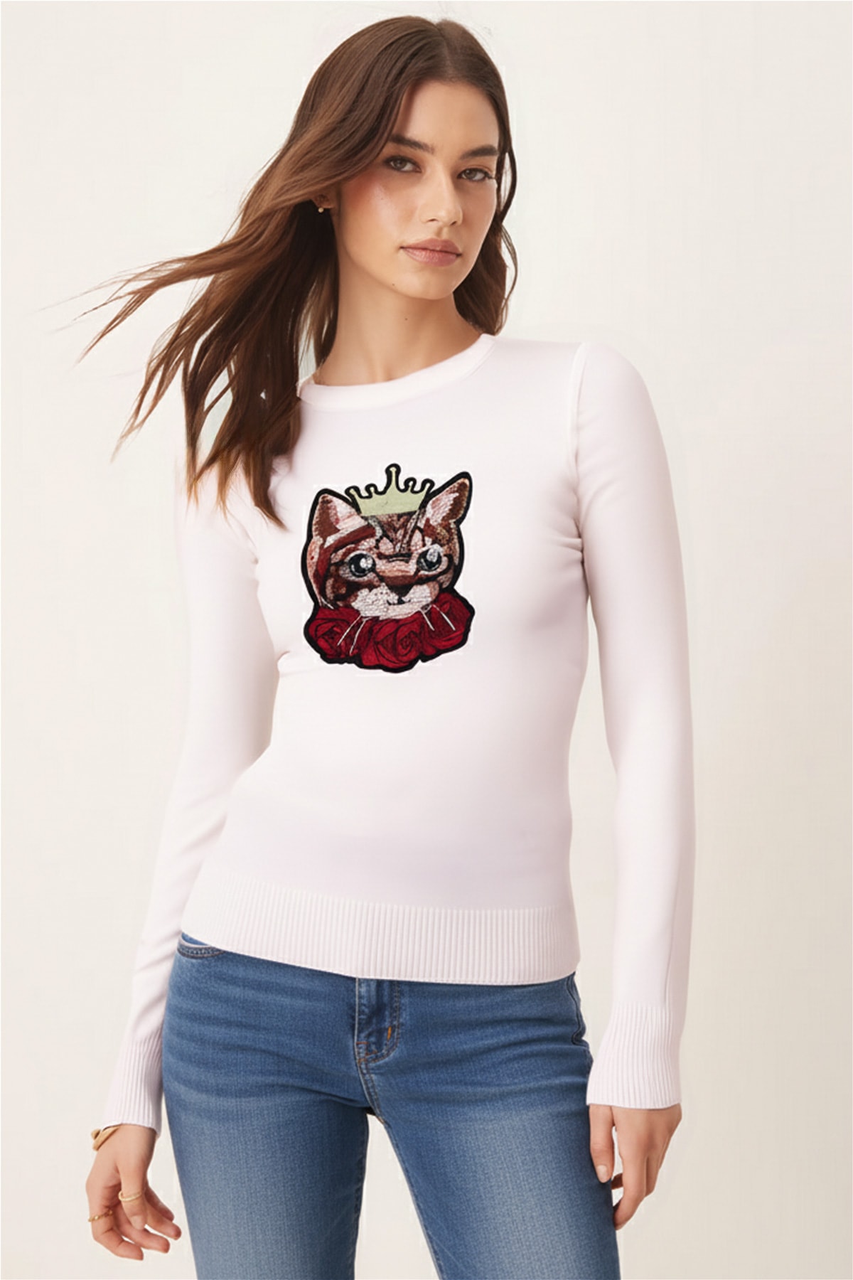 Kadın Ekru Bisiklet Yaka Aplikeli Kazak ARM-26K136001